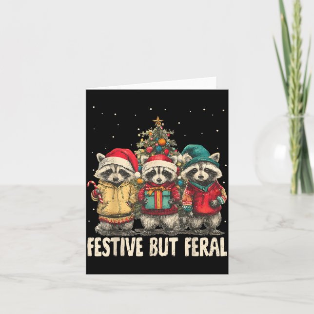 Tarjeta Funny Feral But Festive Christmas Raccoons Xmas Ho (Anverso)