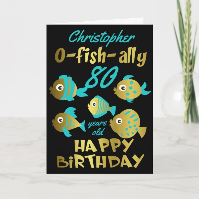 Tarjeta Funny Fish 80 cumpleaños (Anverso)