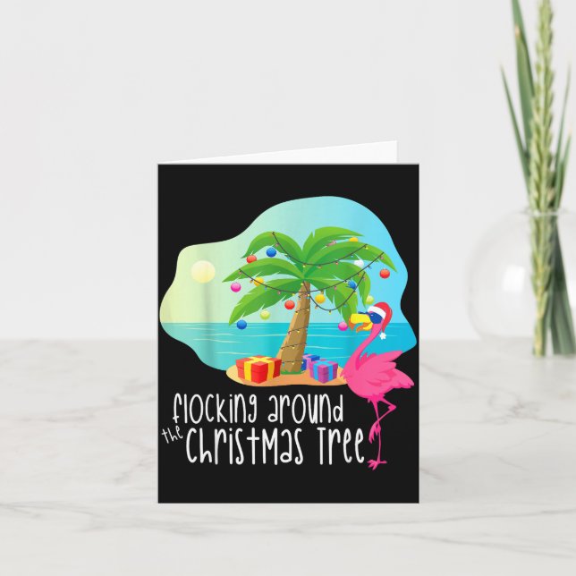 Tarjeta Funny Flamingo Flocking Around The Christmas Tree  (Anverso)