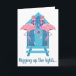 Tarjeta Funny Flamingo Navidades Lights Beach Hut<br><div class="desc">Funny tarjeta de saludo de Navidades Flamingo con pareja flamingo decorando su cabaña de playa con luces de Navidad para las vacaciones y las palabras "Manipulando las luces". Un saludo de estilo playero a los amigos y a la familia durante las vacaciones junto al mar.</div>