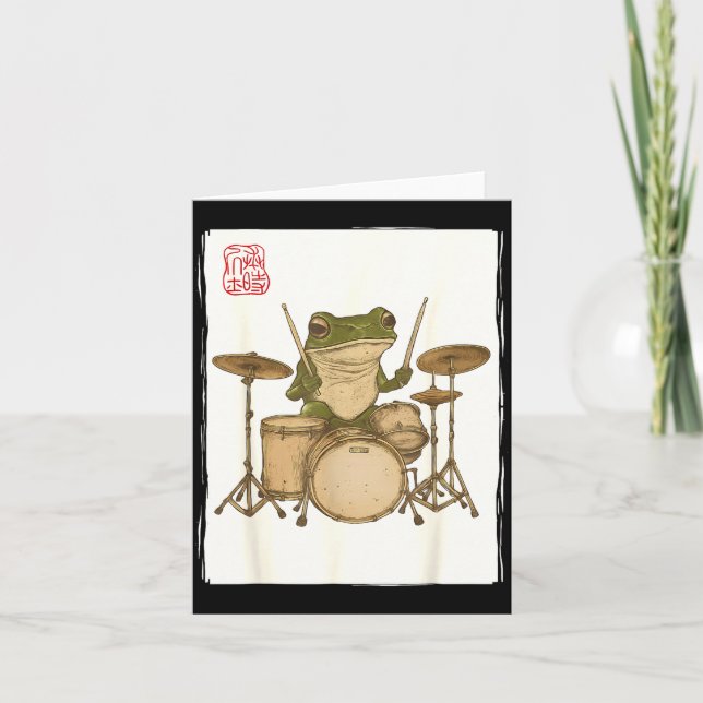 Tarjeta Funny Frog Drum Rock Music Kawaii Japanese  (Anverso)