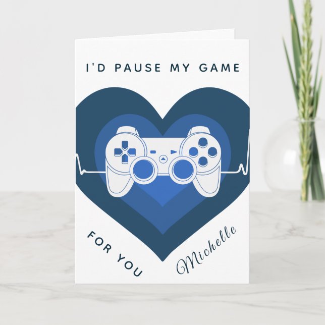 Tarjeta Funny Gamer Gaming Blue Heart Controller & Name Ca (Anverso)