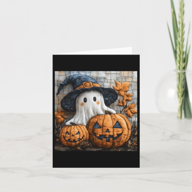 Tarjeta Funny Ghost Calabaza Cuidada Halloween Patchwork A (Anverso)