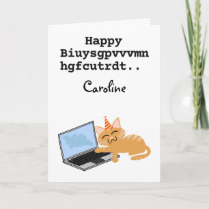 Tarjeta Funny ginger cat Cumpleaños en laptop