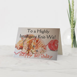 Tarjeta Funny Ginger Cat Knitt Knit Wool Birthday Card