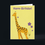Tarjeta Funny Giraffe Birthday<br><div class="desc">Tarjeta de cumpleaños lindo con una jirafa graciosa y adorable coqueteando sobre una flor violeta y sosteniendo algunas flores con la cola mirando el texto del personalizable "Cumpleaños feliz" sobre fondo amarillo.</div>