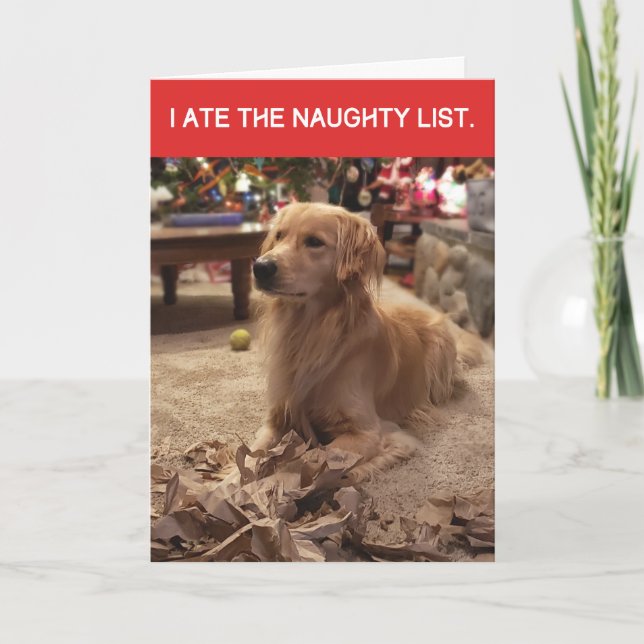 Tarjeta Funny Golden Retriever Ate Naughty List Navidades (Anverso)