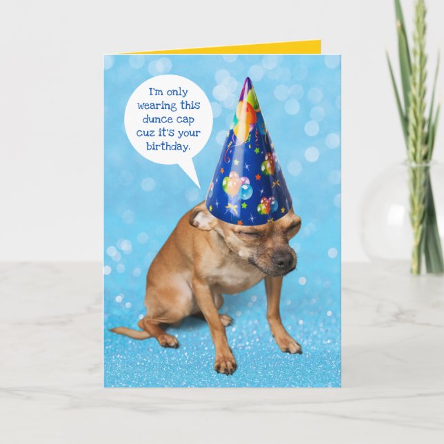 Tarjeta Funny Grimacing Chihuahua Cumpleaños Dunce Cap (Anverso)