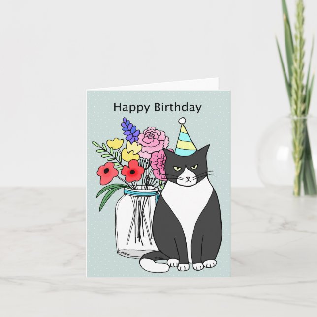 Tarjeta Funny Grumpy Cat cumpleaños negro y blanco (Anverso)