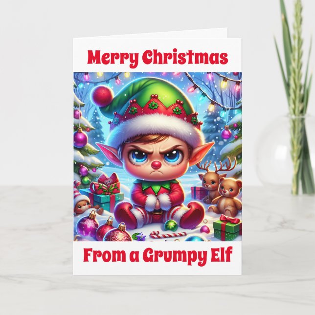 Tarjeta Funny Grumpy Elf Navidades | Ojalá estuviera conti (Anverso)