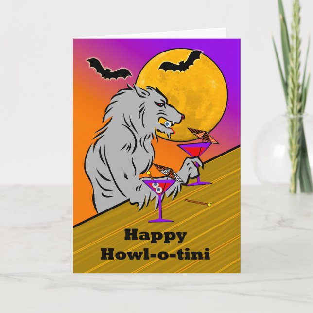 Tarjeta Funny Halloween Howl-o-tini con Wolf Martinis (Anverso)
