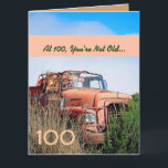 Tarjeta FUNNY Happy 100th Birthday Vintage Naranja Truck A<br><div class="desc">FUNNY Happy 100th Birthday Vintage Naranja Truck A1. Esta tarjeta con su camión vintage en un campo es una manera divertida de desear a un tipo muy especial un feliz cumpleaños. Todo el texto es personalizable. ¡Una carta divertida y única! Para ver más de mis tarjetas de cumpleaños, escriba el...</div>