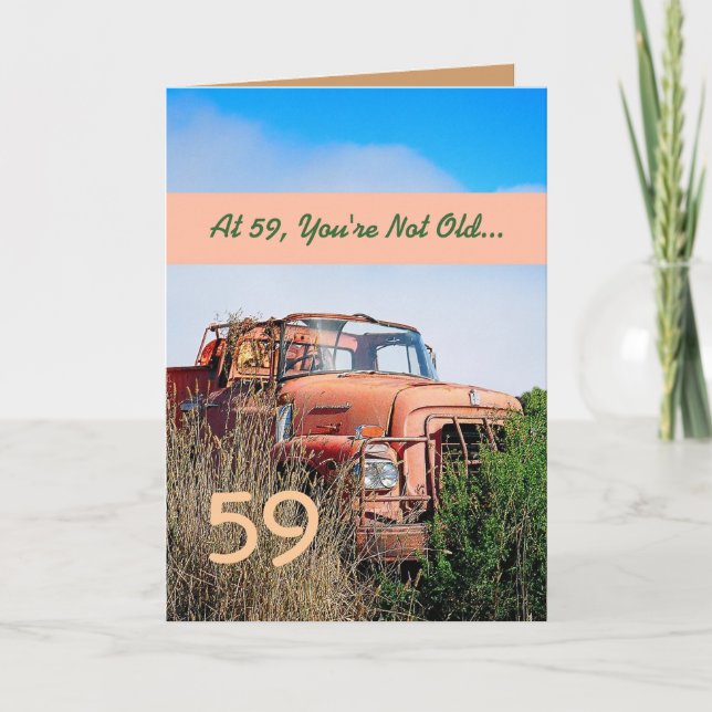 Tarjeta FUNNY Happy 59th Birthday - Camión Naranja Vintage (Anverso)