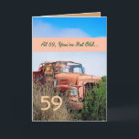 Tarjeta FUNNY Happy 59th Birthday - Camión Naranja Vintage<br><div class="desc">Esta tarjeta con su camión vintage en un campo es una manera divertida de desear a un tipo muy especial un feliz cumpleaños. Todo el texto es personalizable. ¡Una carta divertida y única! Para ver más de mis tarjetas de cumpleaños, escriba el año que desee y, a continuación, escriba o...</div>