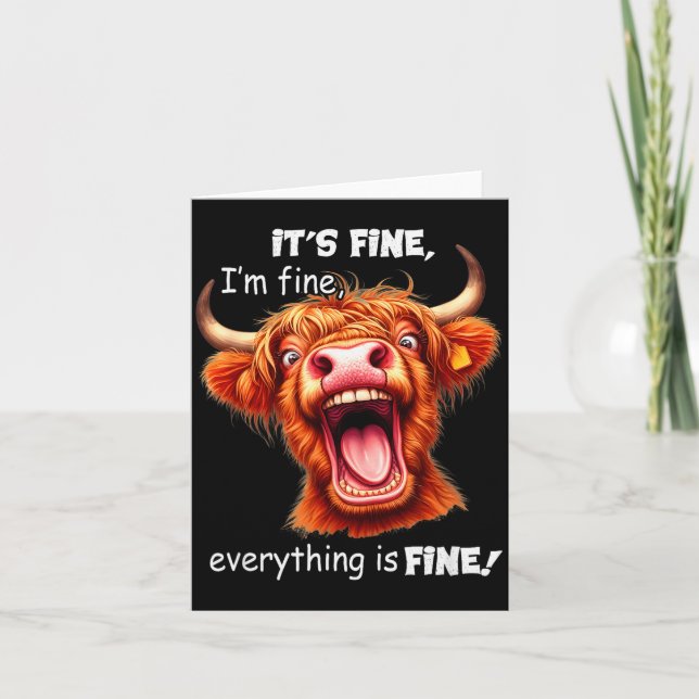 Tarjeta Funny Highland Cow It's Fine I'm Fine Everything I (Anverso)
