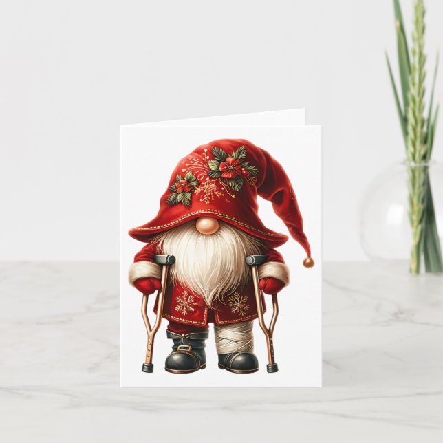 Tarjeta Funny Holiday Gnome Crutches Navidad Ornamento Par (Anverso)