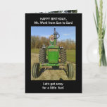 Tarjeta Funny Husband/Farmer Birthday<br><div class="desc">A customizable birthday card with Moses on a tractor on the front and inside Moses & Myrtie are on a river bank with a guitar and a picnic basket, with a little boat in the background. Now the front reads: "HAPPY BIRTHDAY, Mr. Work from Sun to Sun! Let's get away...</div>