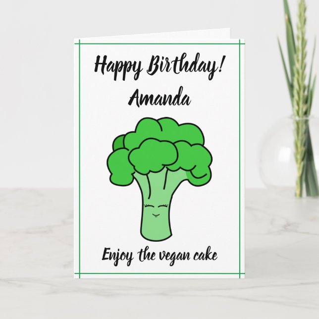 Tarjeta Funny Kawaii White Vegan Broccoli Cumpleaños (Anverso)