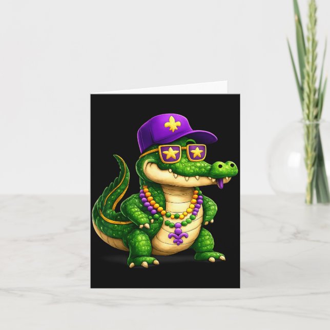 Tarjeta Funny Mardi Gras Alligator Beads Carnival Celebrat (Anverso)