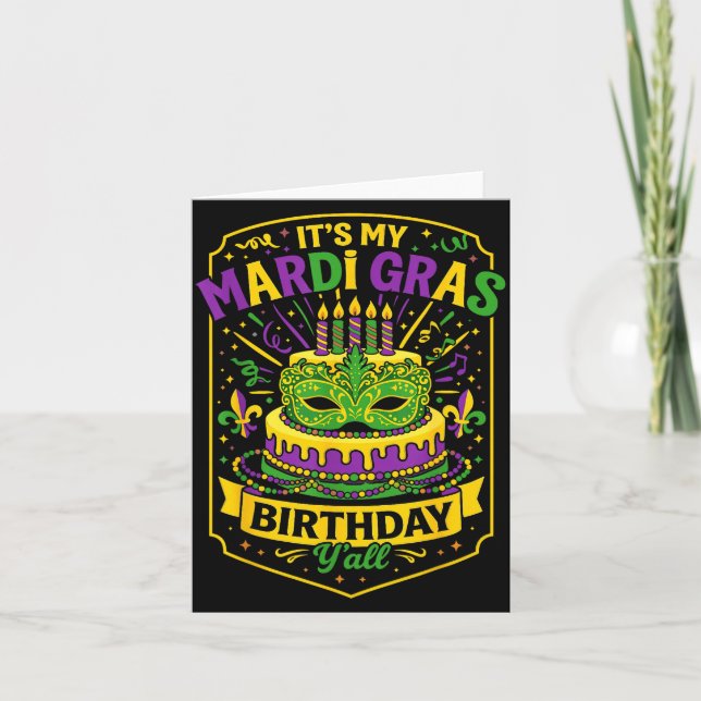 Tarjeta Funny Mardi Gras Birthday Y’all Cake Carnival Cele (Anverso)