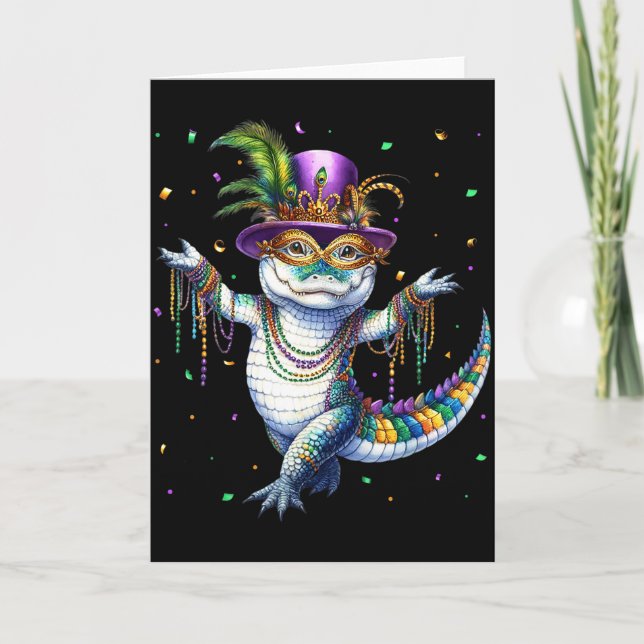 Tarjeta Funny Mardigator Mardi Gras Alligator Dancing Carn (Anverso)