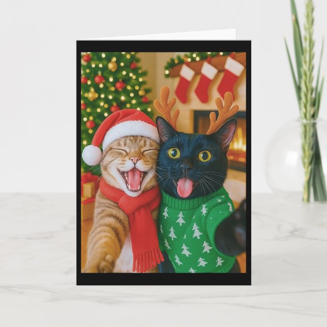Tarjeta Funny Meme Cat Taking A Selfie Christmas Xmas Ligh (Anverso)