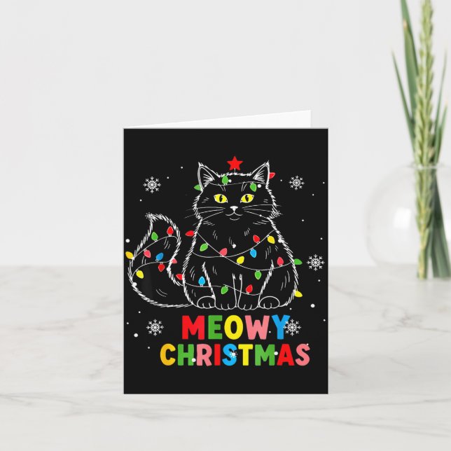 Tarjeta Funny Meowy Christmas Xmas Lights Black Cat Pajama (Anverso)