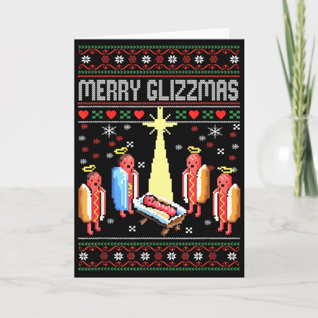 Tarjeta Funny Merry Glizzmas Hot Dogs Family Gro Ugly Chri (Anverso)