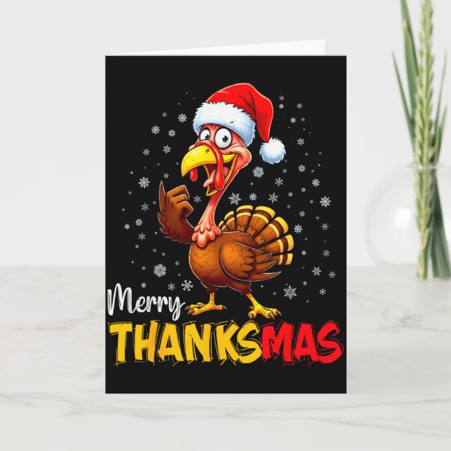 Tarjeta Funny Merry Thanksmas Turkey Santa Hat Thanksgivin (Anverso)