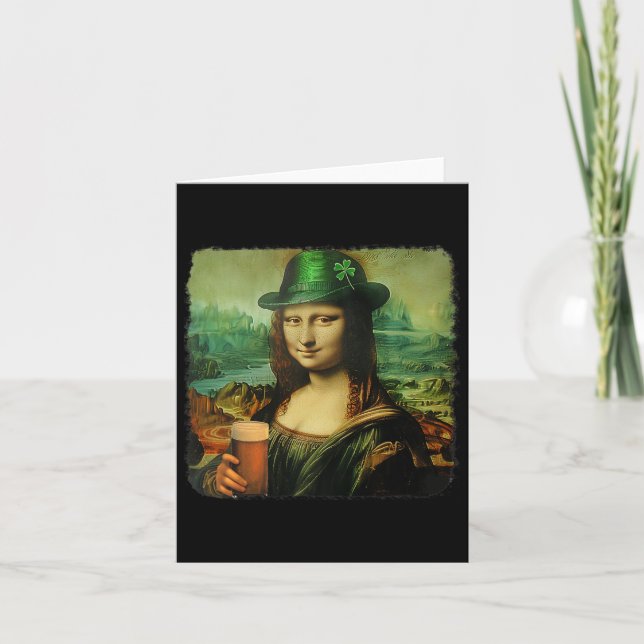 Tarjeta Funny Mona Lisa St Patricks Day Shamrock Gorra Lep (Anverso)