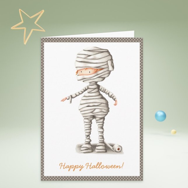 Tarjeta Funny Mummy Toilet Paper Son Halloween Holiday (Children Halloween Card with a kid in a mummy costume made with toilet paper)