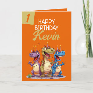 Tarjeta Funny Naranja y Green Candle Trex Boy 1er cumpleañ