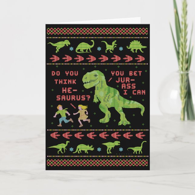 Tarjeta Funny Navidades Rex Dinosaur Pun Humor Faux Knit (Anverso)