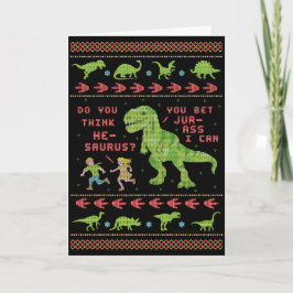 Tarjeta Funny Navidades Rex Dinosaur Pun Humor Faux Knit