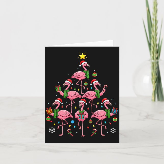 Tarjeta Funny Nk Flamingo Christmas Tree Santa Hats Holida (Anverso)