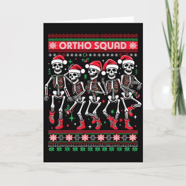 Tarjeta Funny Ortho Squad Christmas Three Santa Skeletons  (Anverso)