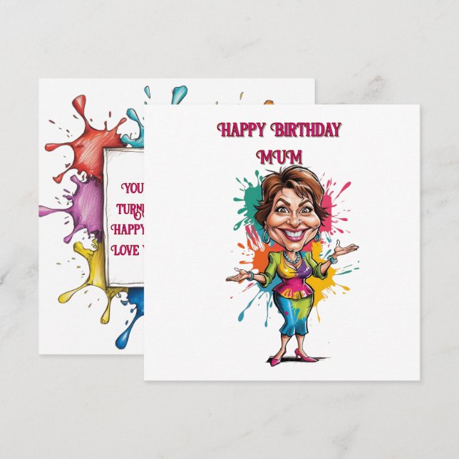 Tarjeta Funny Paint splash Mamá Birthday Caricatura (Anverso / Reverso)