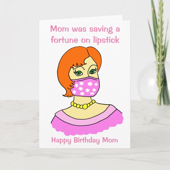 Tarjeta Funny Personalizado Mom Face Mask Lipstick Red Bir (Anverso)