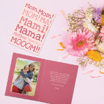 Tarjeta Funny Pink Yelling at Mom Typography Mother's Day<br><div class="desc">This funny and simple Mother's Day card is perfect for any mom. It features fun typography with different words for yelling "Mom." The color scheme includes various shades of pink. On the inside features a photo of mom and her kid/s and customizable message. ***IMPORTANT DESIGN NOTE: For any custom design...</div>