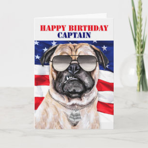 Tarjeta Funny Pug Dog Capitán Militar Cumpleaños