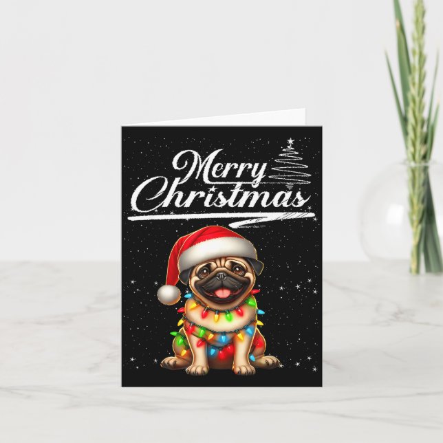 Tarjeta Funny Pug Dog Christmas Lights Santa Hat Candy Can (Anverso)