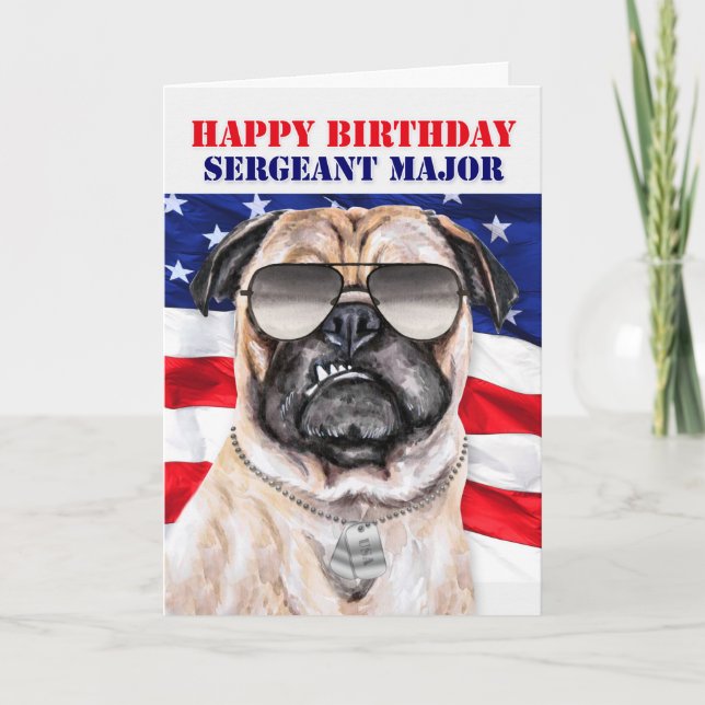 Tarjeta Funny Pug Dog sargento militar mayor cumpleaños (Anverso)