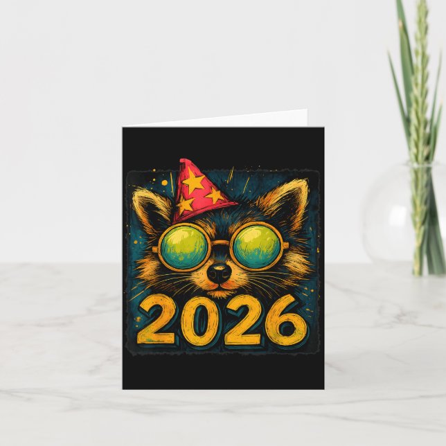 Tarjeta Funny Raccoon 2026 New Year Party Animal Celebrati (Anverso)