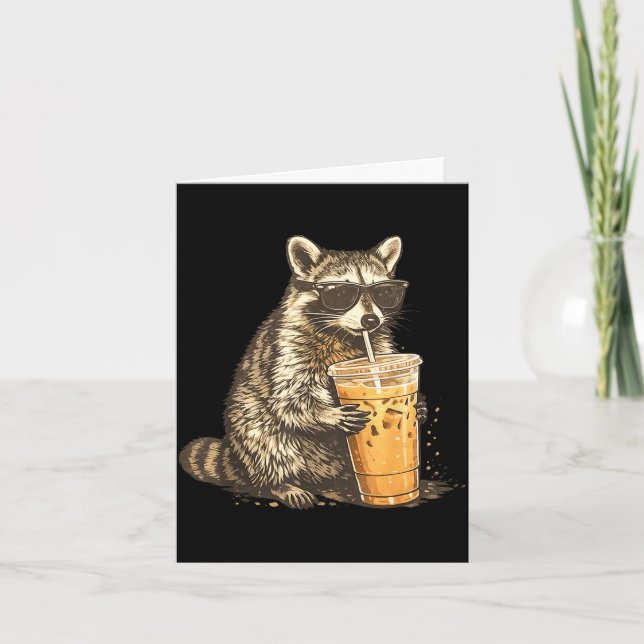 Tarjeta Funny raccoon drinking iced coffee animal meme men (Anverso)