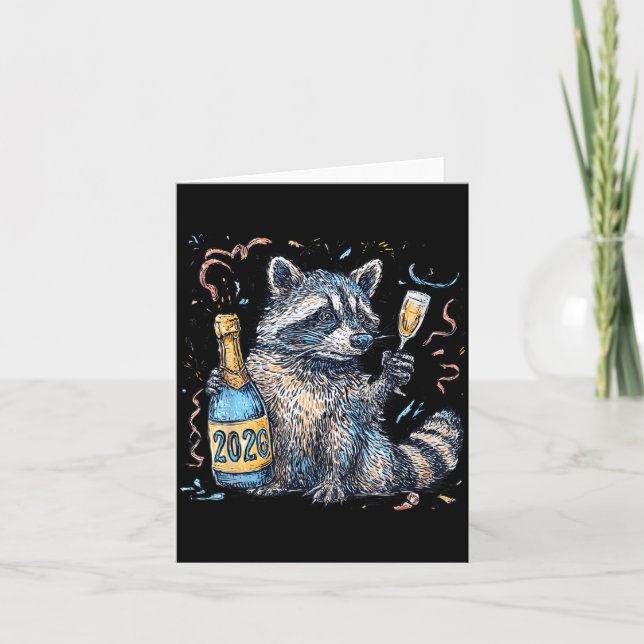 Tarjeta Funny Raccoon With Champagne Disco Ball New Years  (Anverso)