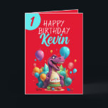 Tarjeta Funny Red and Verde azulada Trex Boy 1er cumpleaño<br><div class="desc">Funny Red and Verde azulada Trex Boy primer cumpleaños, destinado a cualquier bebé en su primer cumpleaños. El diseño presenta una feliz celebración de T-rex con una torta de cumpleaños y globos de colores alrededor. Si tienes problemas para personalizar la plantilla, no dudes en enviarle un mensaje al diseñador :)...</div>