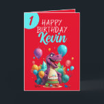 Tarjeta Funny Red and Verde azulada Trex Boy 1er cumpleaño<br><div class="desc">Funny Red and Verde azulada Trex Boy primer cumpleaños, destinado a cualquier bebé en su primer cumpleaños. El diseño presenta una feliz celebración de T-rex con una torta de cumpleaños y globos de colores alrededor. Si tienes problemas para personalizar la plantilla, no dudes en enviarle un mensaje al diseñador :)...</div>