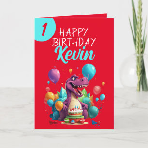 Tarjeta Funny Red and Verde azulada Trex Boy 1er cumpleaño