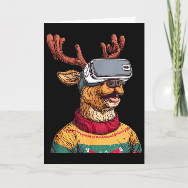 Tarjeta Funny Reindeer In Christmas Sweater And Vr Headset (Anverso)