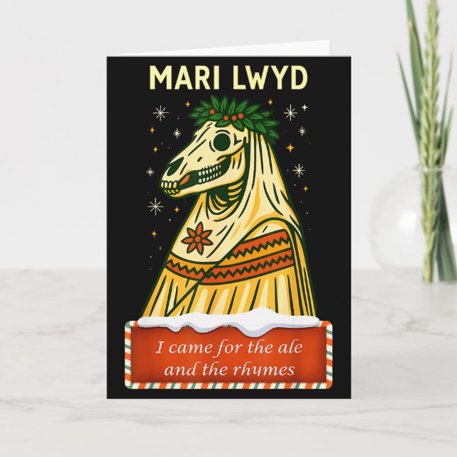 Tarjeta Funny Retro Folklore Skeleton Horse Mari Lwyd Yule (Anverso)